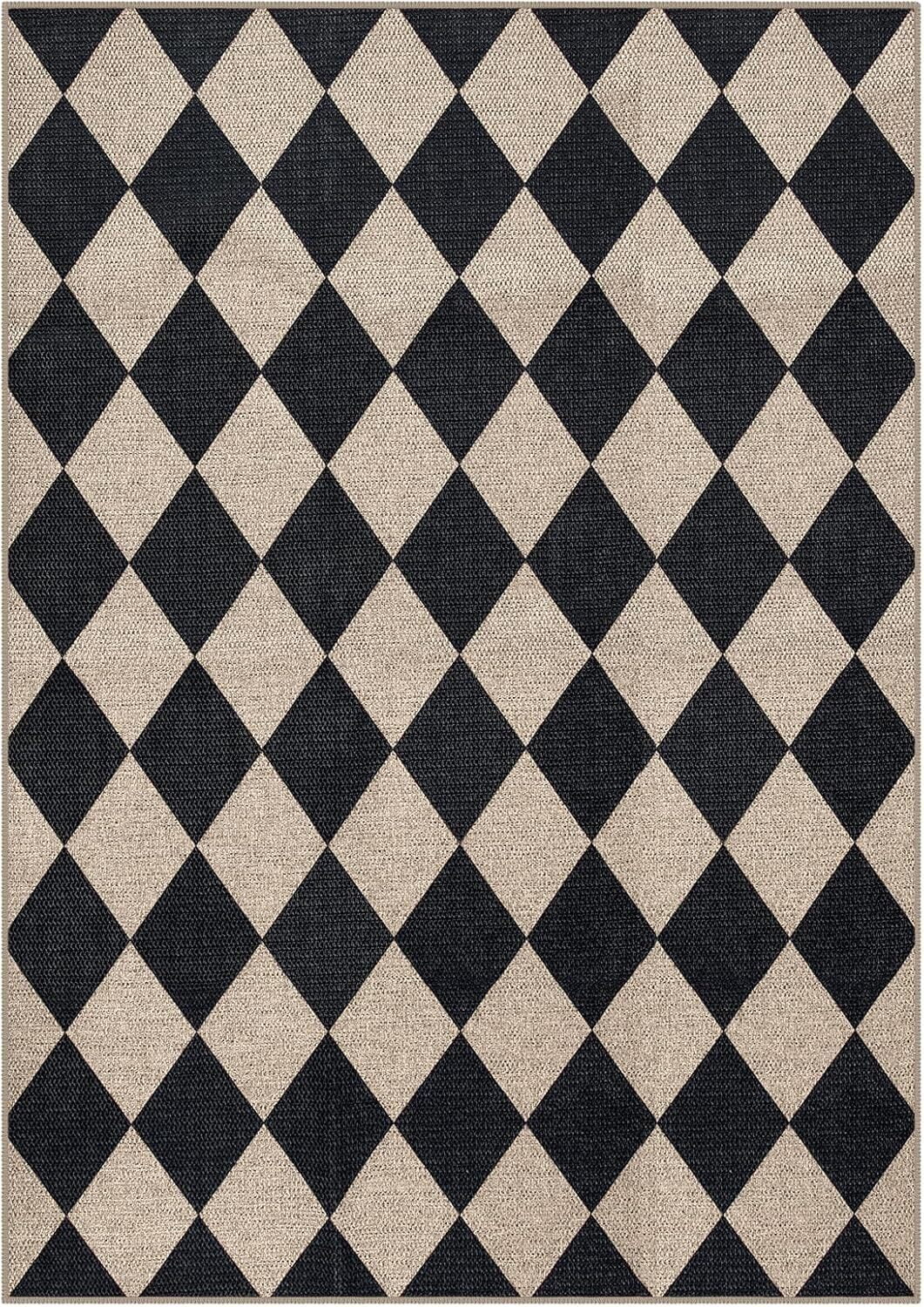 Lahome 5'x7' Checkered Easy Jute Area Rug,Outdoor Patio Rug Washable Rugs for Entryway Checkerboard Indoor Outdoor Living Room Classroom Rugs,Farmhouse Neutral Non Slip Black Carpet for Bedroom