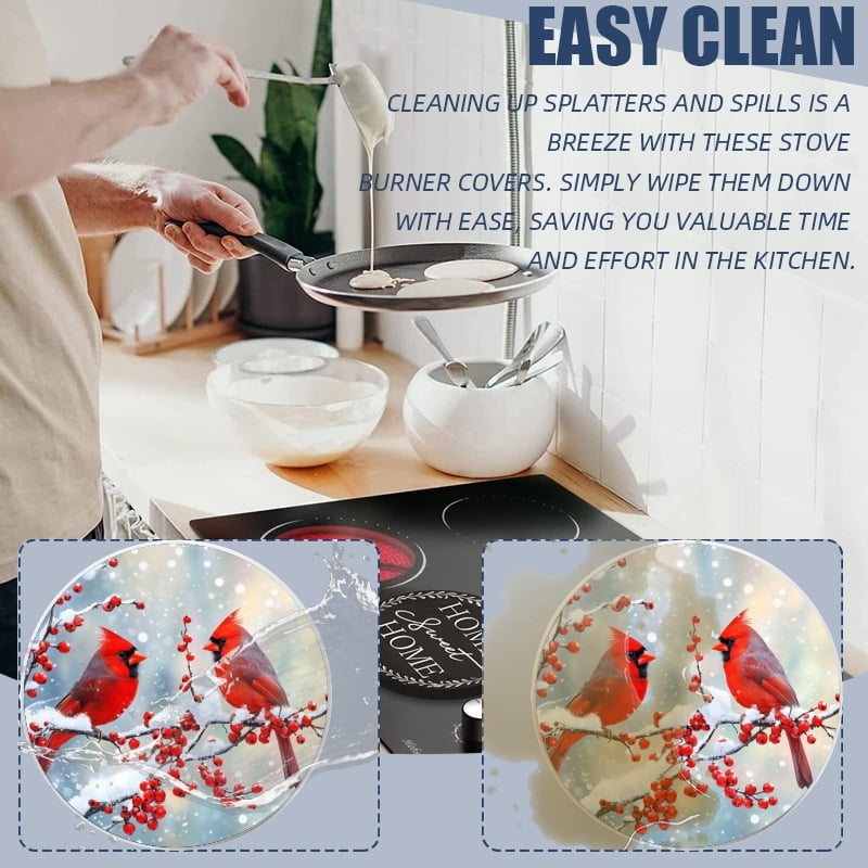 4 Pcs Christmas Gas Stove Burner Cap Set, Cardinals Christmas Snowy Winter Birds Durable Round Gas Stove Burner Covers Set of 4 for Kitchen Xmas Decor, 8 Inches and 10 Inches