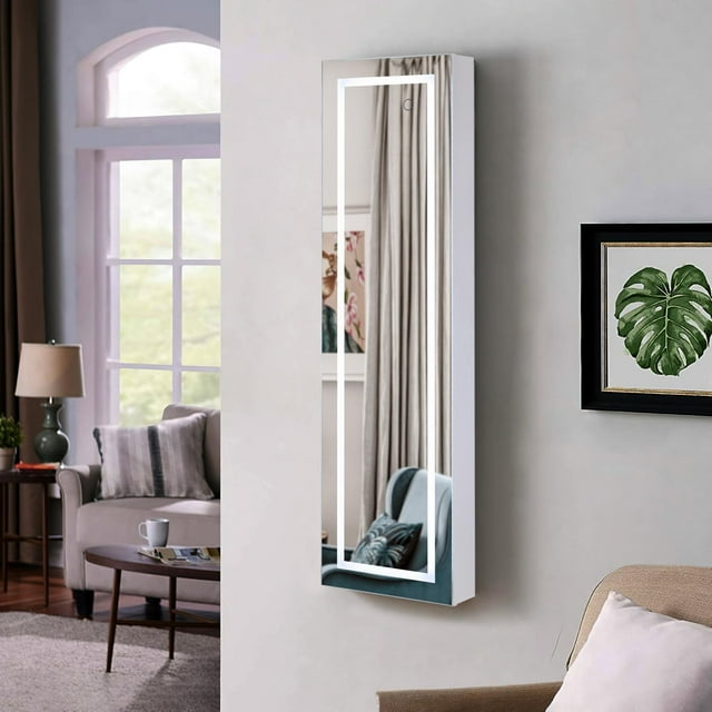 ViscoLogic Armoire à Bijoux Murale LED avec Miroir de Dressing et Armoire Verrouillable, Blanc