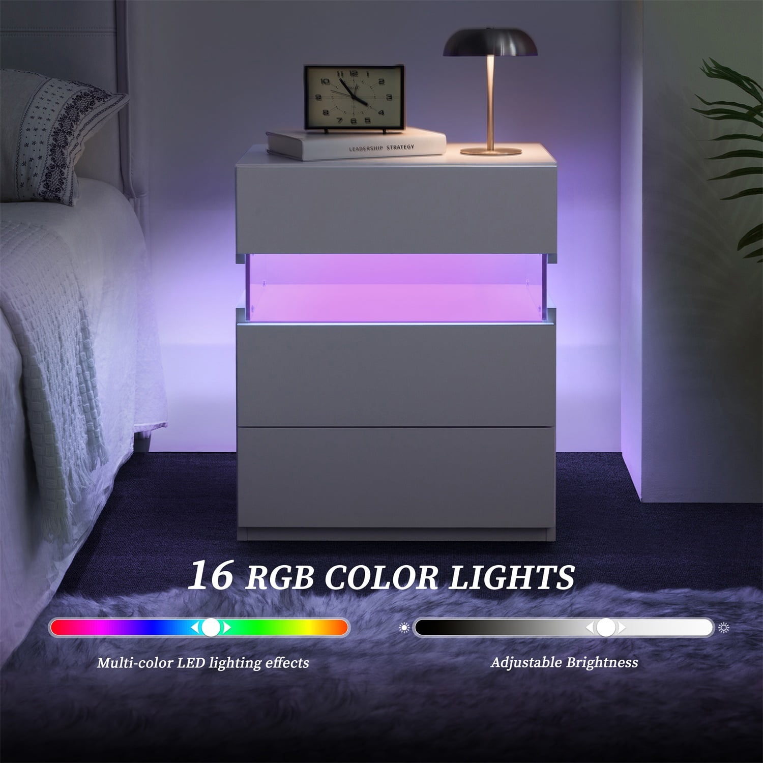 Hommoo 3 Drawer Dresser LED Nightstands, End Table Bedside Tables for Bedroom, Living Room, White