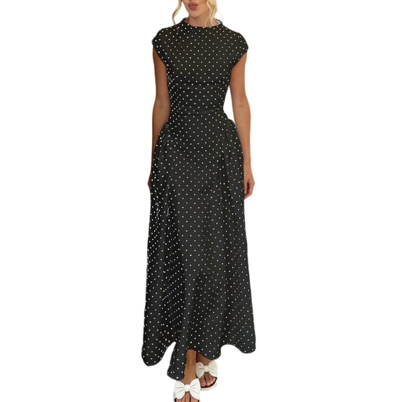 XIAOCHA Womens Summer Midi Satin Dress Mini Polka Dot Print Neck Cap Sleeve Waist Fitted Asymmetric Hem Party Dresses