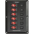 thumbnail image 1 of Blue Sea Power Distribution Box 4352-BSS Circuit Breaker Panel; 12 Volt DC; 45 Amp; 6 Positions; Black; Polycarbonate/ABS; With 15 Square Format Circuit Labels/Mounting Screws, 1 of 3
