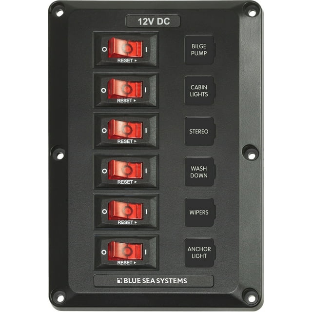 Blue Sea Power Distribution Box 4352-BSS Circuit Breaker Panel; 12 Volt DC; 45 Amp; 6 Positions; Black; Polycarbonate/ABS; With 15 Square Format Circuit Labels/Mounting Screws