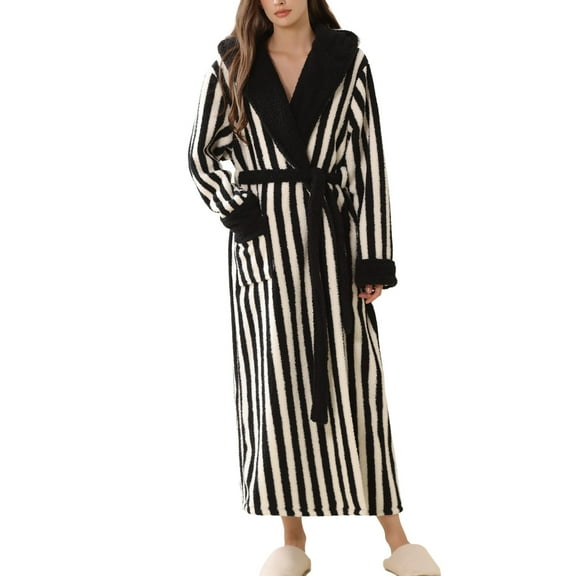 SWSMCLT Women's Long Bath Robe Billowy Fleece Robe Striped Printed Chunky Belt Chic Comfy Lapel Long Nightwear Cold Weather White Small