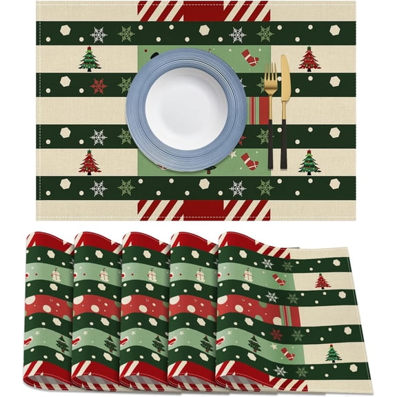 Green Merry Christma Placemats, Winter Seasonal Christmas Kitchen Dining Table Decoration for Home Party Indoor 12x18 Inch (6pcs)