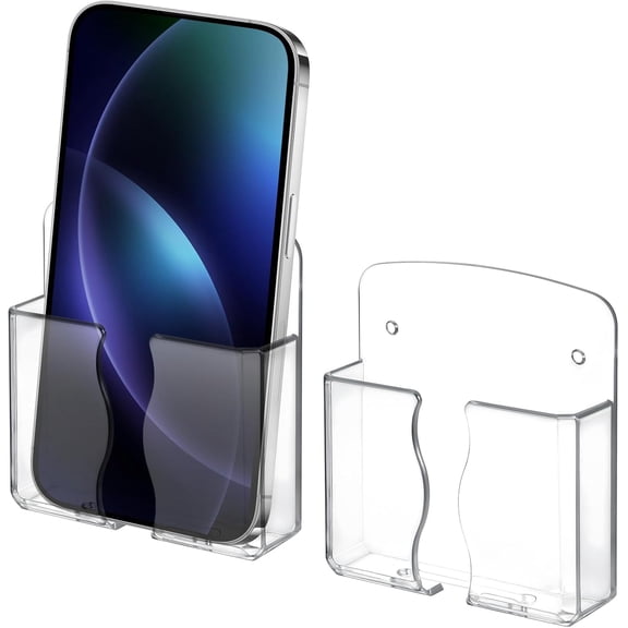 Ikjsjd 2 Pcs Phone Holder Wall Mounted Clear Plastic Self Adhesive with Charging Hole Shelf Stand Cell Phone Wall Mount Bedside Practical Smartphone Accessories for Home Office