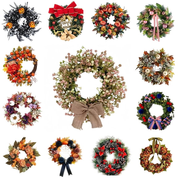 Nkmbld Front Door Wreath, Spring Door Wreath with Hessian Bow Artificial Flower Wreath for All Seasons Home Farmhouse Indoor Outdoor Wall Decor