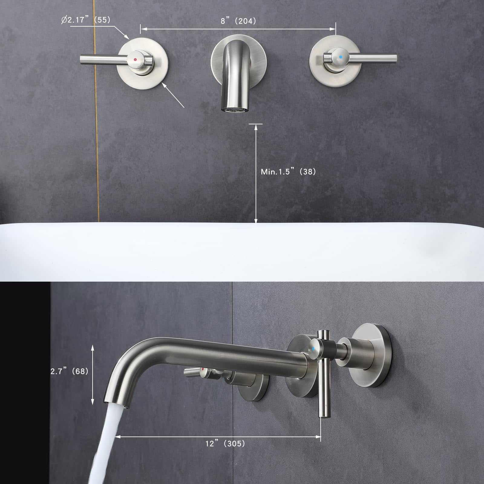 Wall Mount Tub Filler Brushed Nickel Two Handle Bathtub Faucet