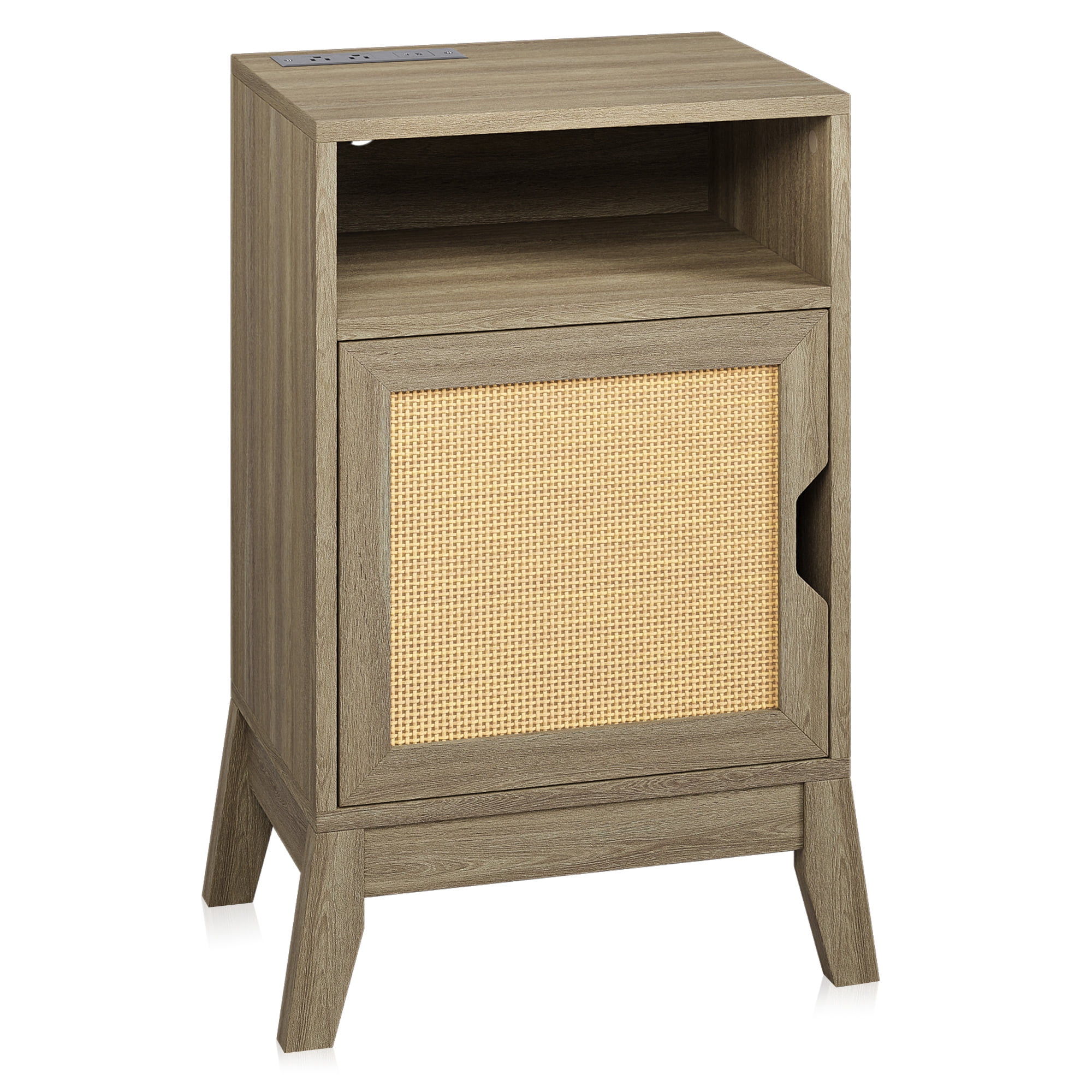 BELLEZE End Table with Ultra-Fast USB Type A/C Outlet Strip, Boho Style Nightstand with Rattan Decorated Cabinet, Modern Side Table for Bedroom, Guest Room, Office - Carl(Nature)