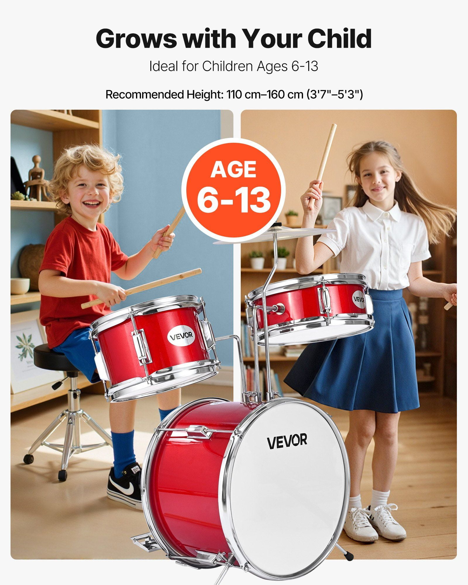 Kids Drum Set 3-Piece Junior Musical Drum Kit with 14 in Bass Drum (Red)