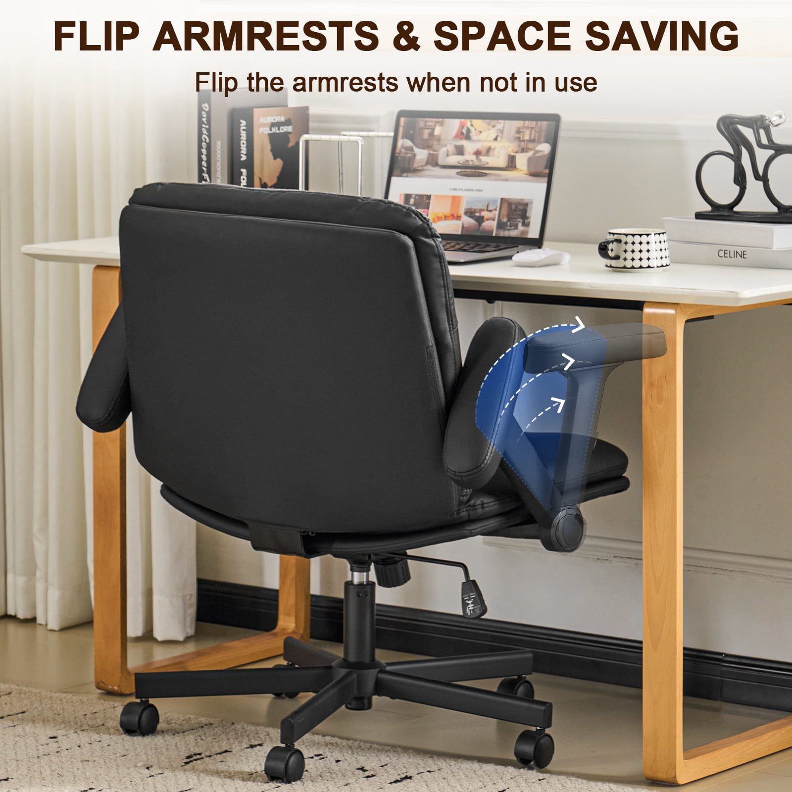 Falvinoryn 25.6" Wide Seat Office Chair, High Back Ergonomic Task Chair with Padded Adjustable Armrests and Double Cushion, Swivel Home Office Desk Chair for Office, Bedroom (Black)