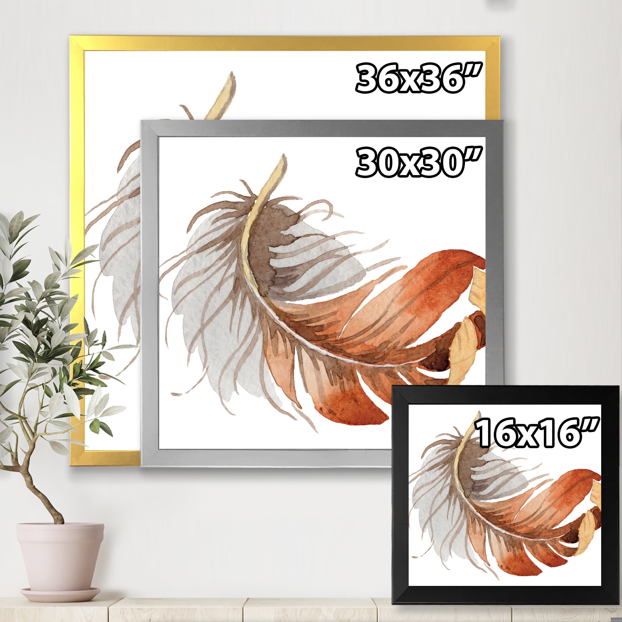 Designart 'Orange Ethnic Bird Feather On White' Bohemian & Eclectic Framed Art Print