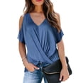 thumbnail image 4 of Summer Savings Clearance 2024! TAGOLD Womens Summer Tops,Women's Casual Comfortable V-neck Off-Shoulder Short-Sleeved Cross Top Blouse Blue 4, 4 of 5