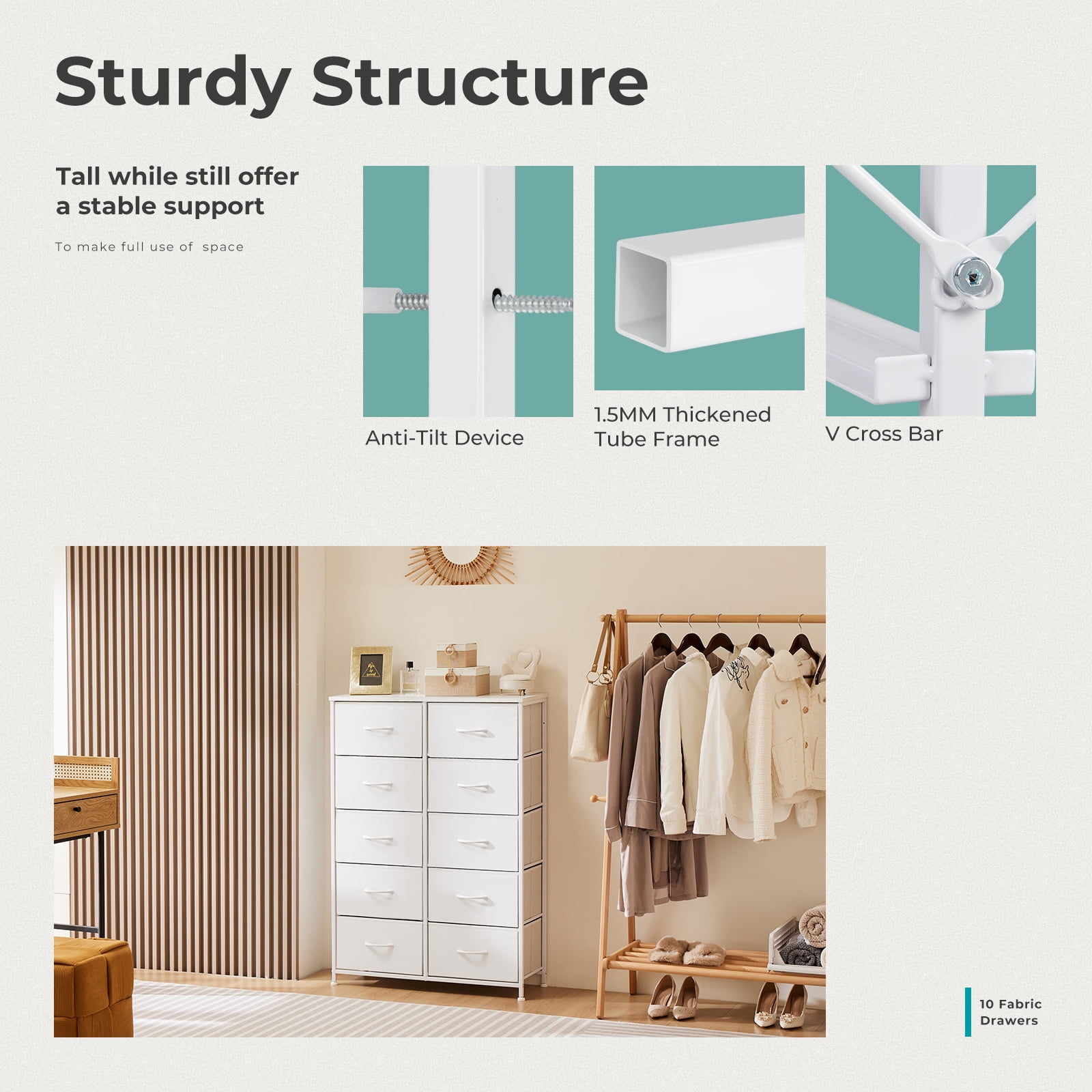 JIOABL 10 Drawer Chest Organizer with Fabric Bins, Dresser for Bedroom, Tall Steel Frame, White