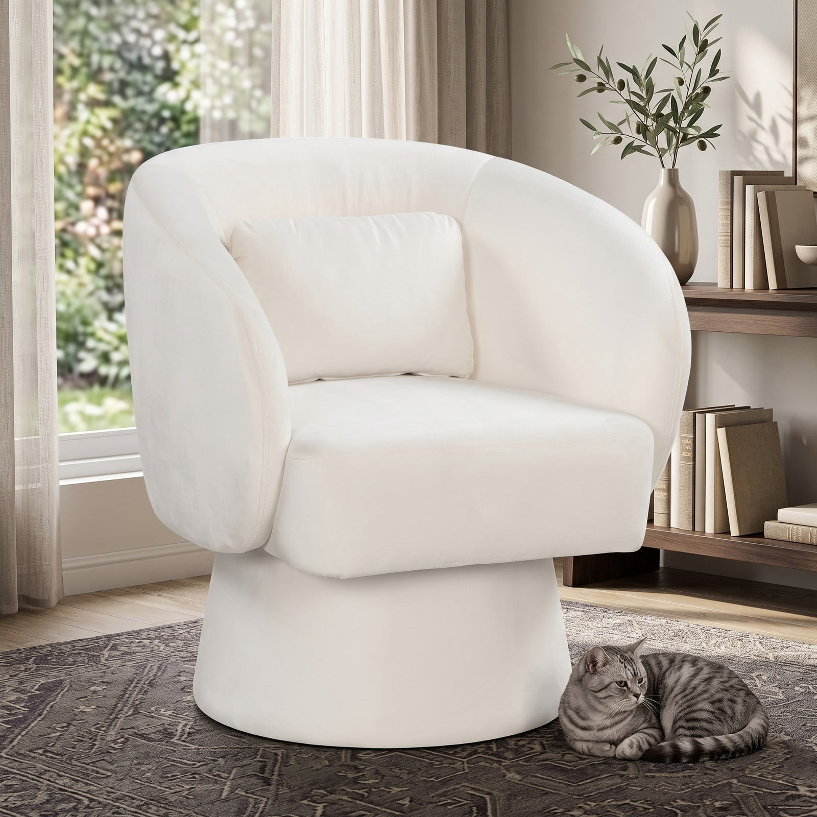 Furnibear Upholstered Barrel Accent Chair, Swivel Curved-Back Chair with Removable Lumbar Pillow and Non-Slip Base for Living Room Bedroom Office, 400 lbs, Beige