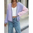 thumbnail image 4 of Women'S Color Block Open Front Cardigan Contrast Striped Chunky Cardigan Sweater Outerwear Coat Purple XL, 4 of 9