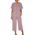 thumbnail image 4 of LYXSSBYX Womens Pajama Sets Clearance 2PC Women's Solid Color V Neck Lace Splicing Short Sleeve Sleepshirt and Pants Sets Loungewear Pajamas with Pockets, 4 of 8
