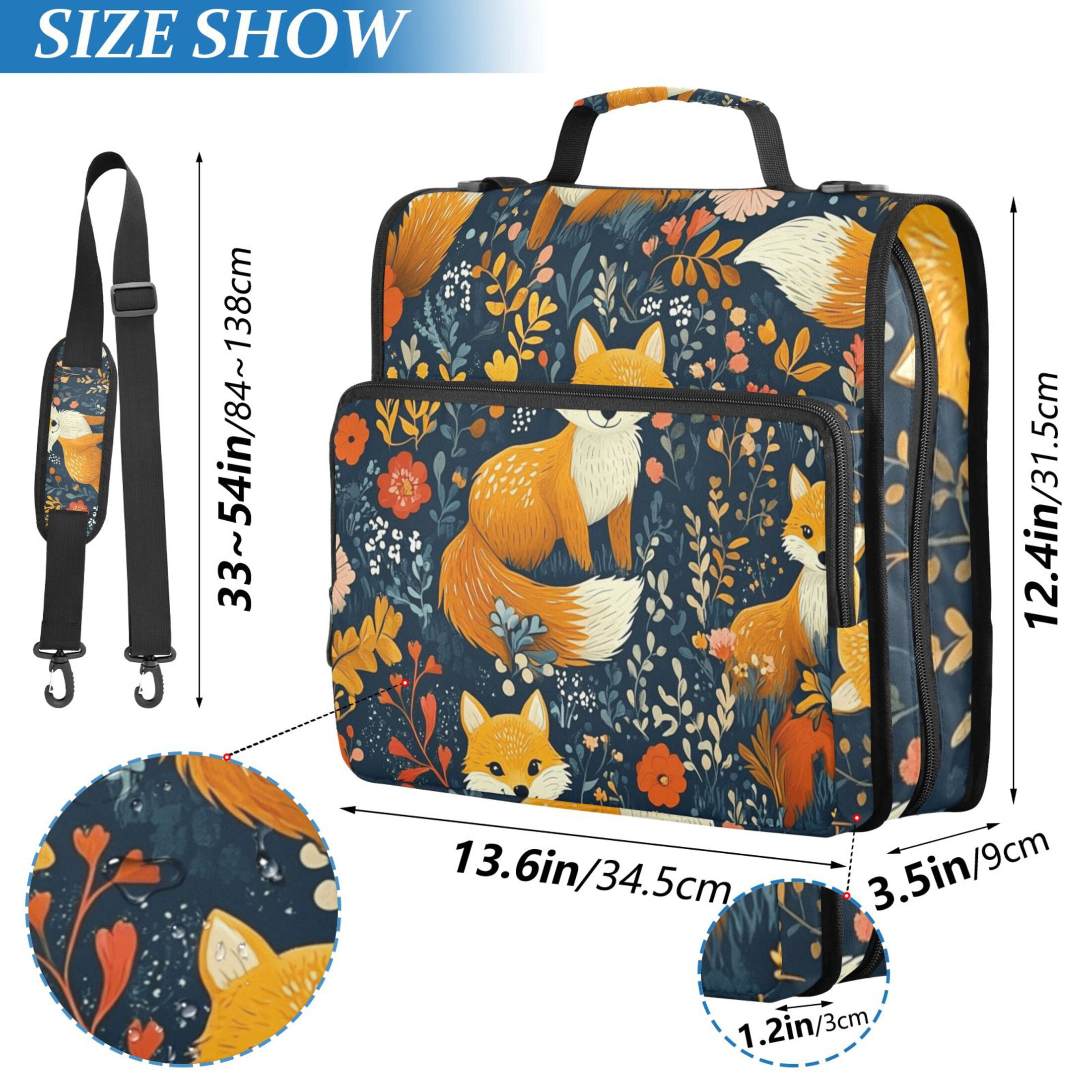 3 Ring Zipper Binder with Shoulder Strap Waterproof Trapper Keeper 2 Inch D-Ring 500 Sheets Capacity Adorable Foxes with Flowers Leaves