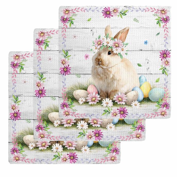 Easter Bunny Kitchen Dish Towels for Drying Dishes Set of 3, Spring Daisy Flower Colorful Eggs White Wooden Waffle Weave Microfiber Hand Tea Bathroom Towels Quick Dry & Absorbent Towel 12x12