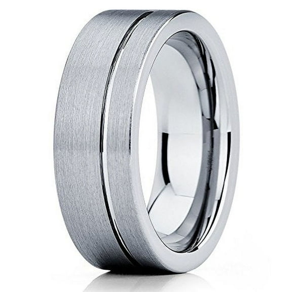Silver Tungsten Wedding Band Tungsten Carbide Ring Gray Tungsten Band 8mm Groove Ring Men & Women Comfort Fit