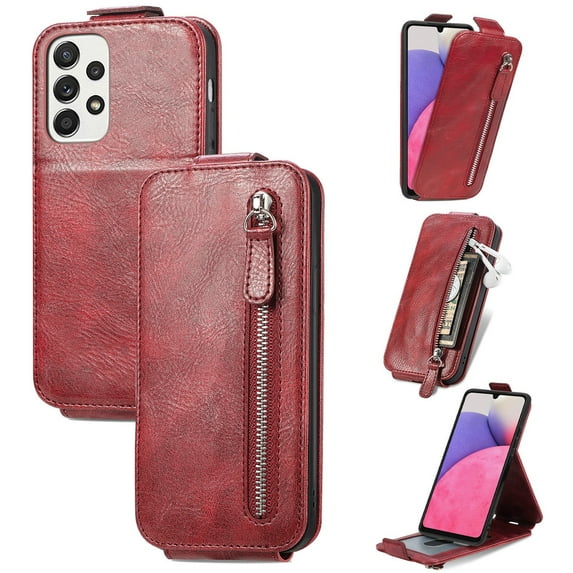 SaniMore for Samsung Galaxy A33 5G Magnetic Closure Top & Bottom Flip Wallet Case, Premium PU Leather Cover with Car Mount Card Slot & Adjustable Kickstand Full Body Protective Shell, Red