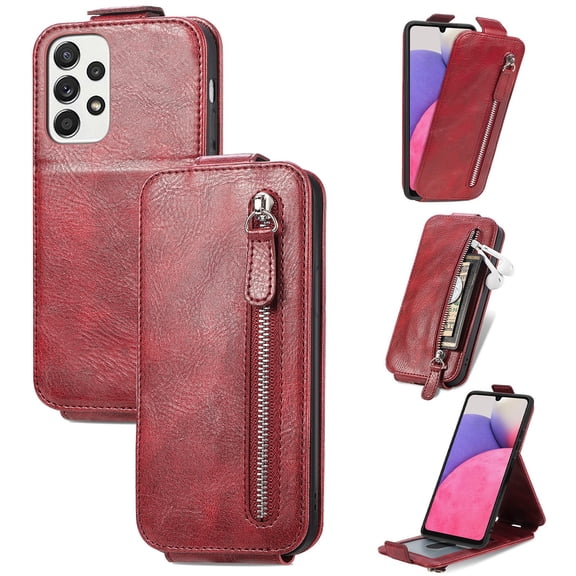SaniMore for Samsung Galaxy A33 5G Magnetic Closure Top & Bottom Flip Wallet Case, Premium PU Leather Cover with Car Mount Card Slot & Adjustable Kickstand Full Body Protective Shell, Red