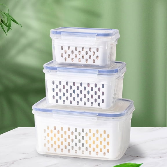 Beteliva 3PC Fruit Storage Containers for Fridge with Removable Colanders, Airtight Storage Container with Lids & Handle, Dishwasher & Microwave Safe, Keep Food Fresh Longer- Blue
