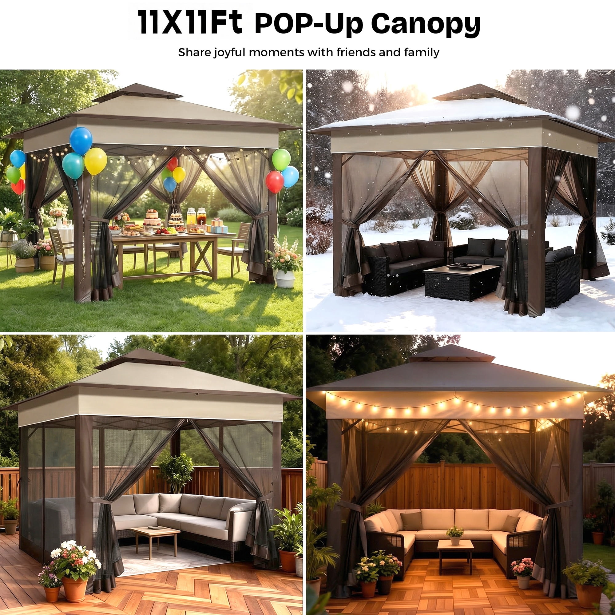 Advwin 11x11 Pop Up Gazebo Tent with Netting, Instant Outdoor Canopy Shelter with Wheeled Carry Bag, Double Roof Vent, 3 Adjustable Heights, Portable Canopy for Patio