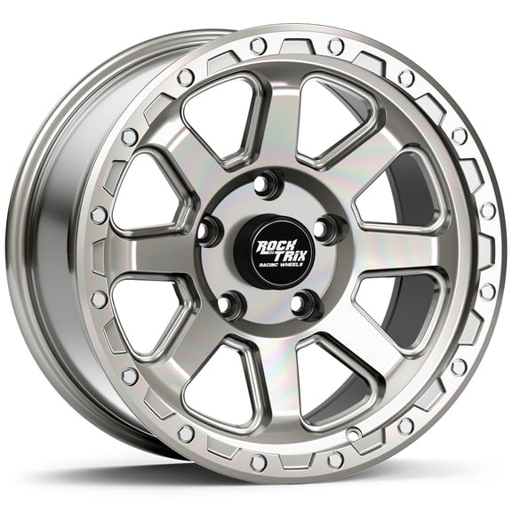 RockTrix RT116 17 inch Wheel Compatible with Jeep Wrangler JK JL 17x9 5x5 Wheels (-12mm Offset, 4.5in Backspace) 5x5 PCD, 71.5mm Bore, Silver Polished Wheels, Also fits Gladiator JT Rims