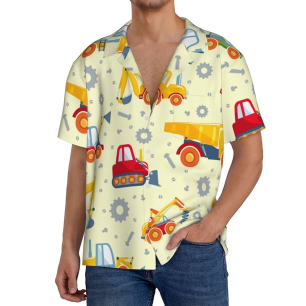 Balery Heavy Equipment Camisa Casual de Manga Corta con Botones para Hombre, Texturizada, Estilo Cubano, para Playa, Verano-X-Large