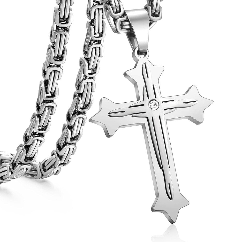 Mens Stainless Steel Cross Pendant Necklace 5mm Byzantine Link Chain Religions Jewelry