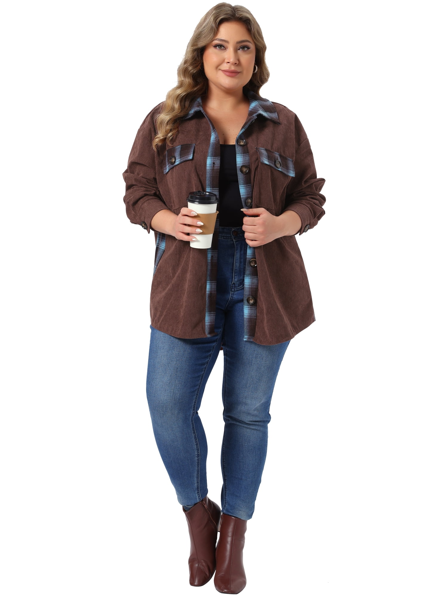 DARING DIVA Women's Plus Corduroy Plaid Long Sleeve Shacket 2X Brown