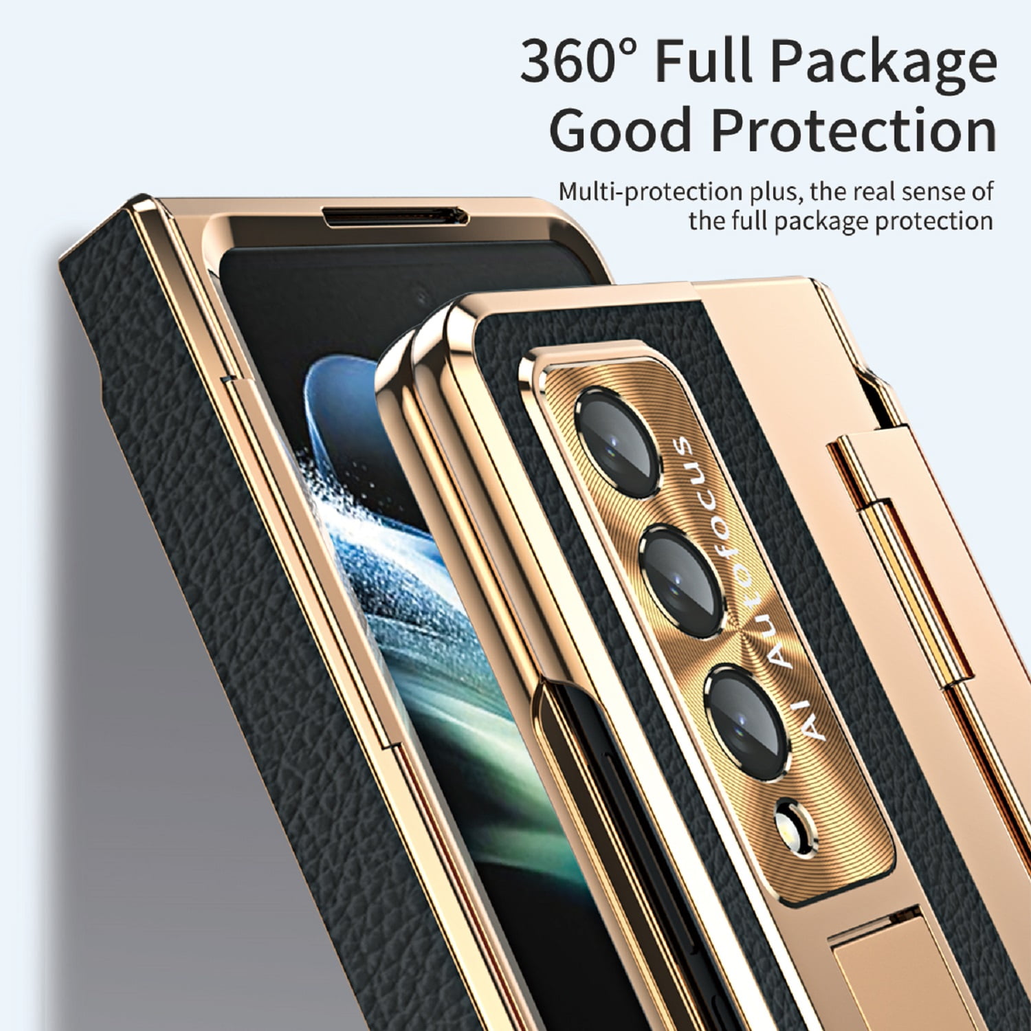 TECH CIRCLE Galaxy Z Fold 3 Case, Ultra-Thin Luxury PU Leather Hard PC Kickstand Anti-Scratch Shockproof Hinge Protection Case Support Wireless Charging for Samsung Galaxy Z Fold 3 5G, Gold+Black