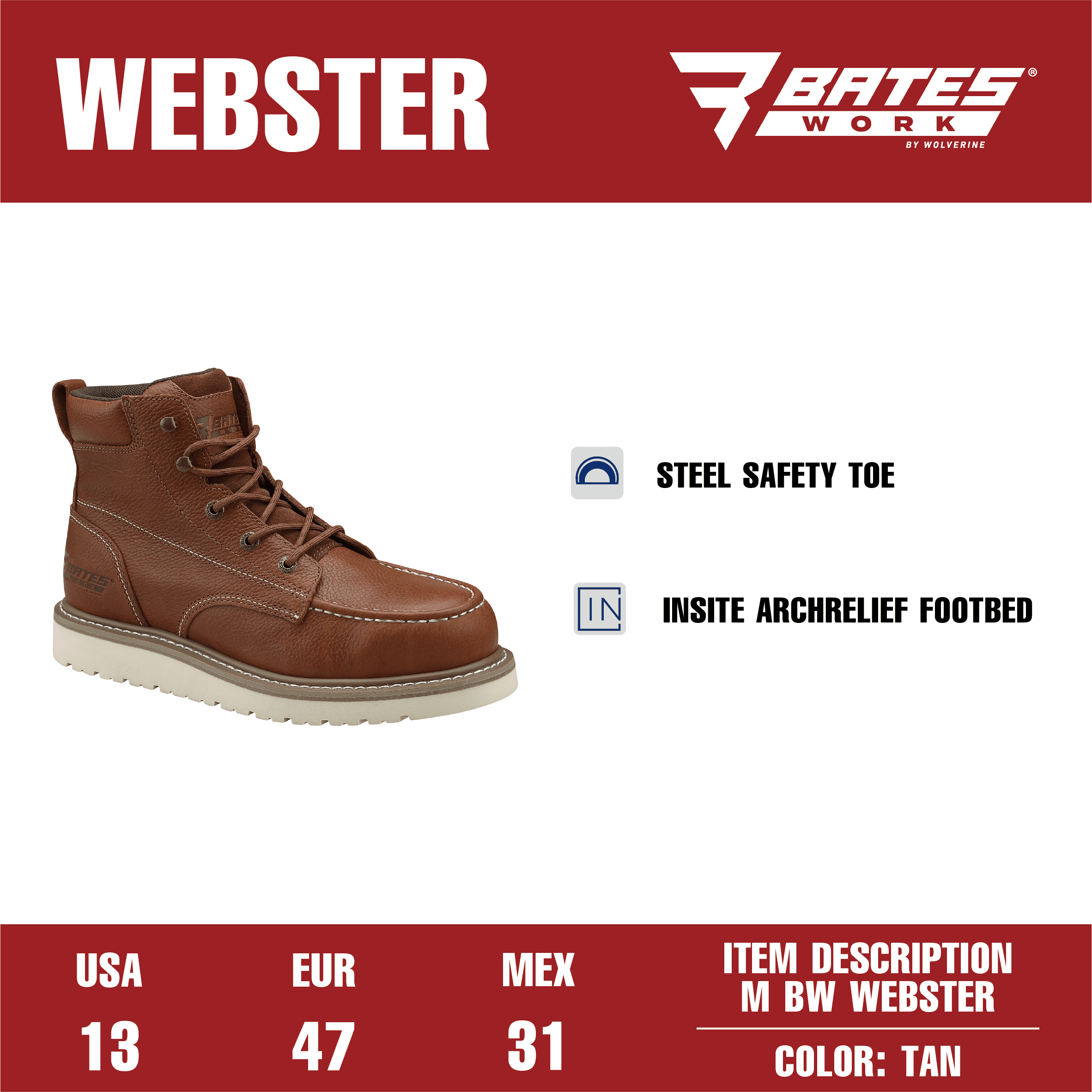 Bates Work by Wolverine Men's Webster Goodyear Welt Steel Toe Work Boot