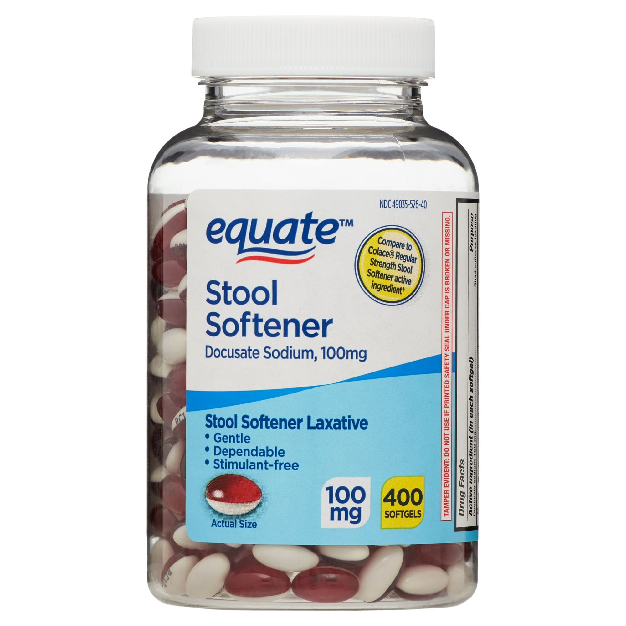 Equate Stool Softener Laxative Softgels, 100 mg, 400 Count, Compare to Colace® Regular Strength Stool Softener Active Ingredient