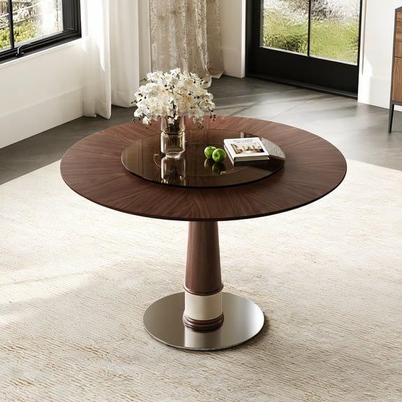 47 Inch Solid Wood Dining Table with 23 Inch Tempered Glass Lazy Susan, Stainless Steel Base Round Kitchen Table Retro Fashion Home Restaurant Office Table