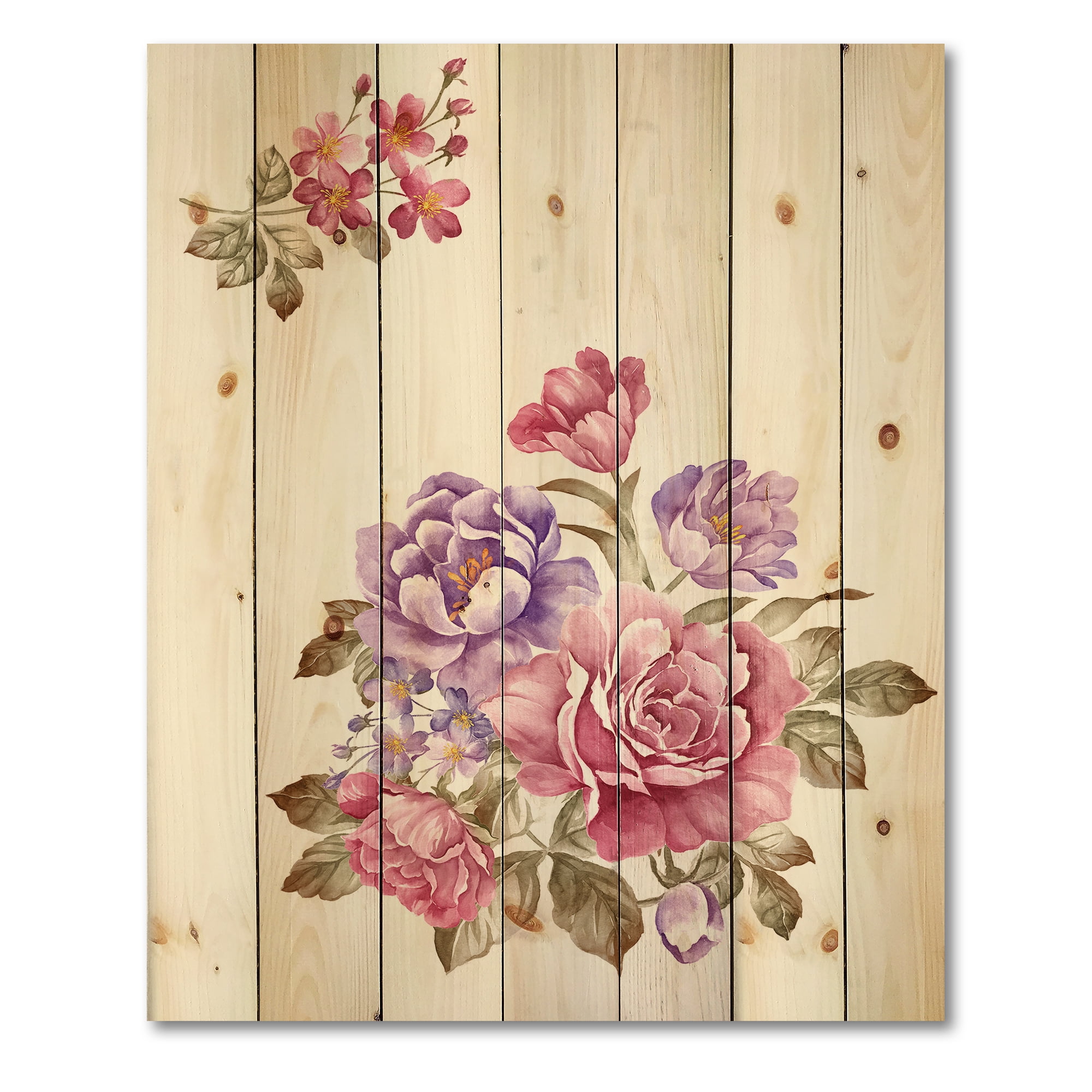 Designart 'Bouquet of Purple and Pink Flowers I' Farmhouse Print on Natural Pine Wood