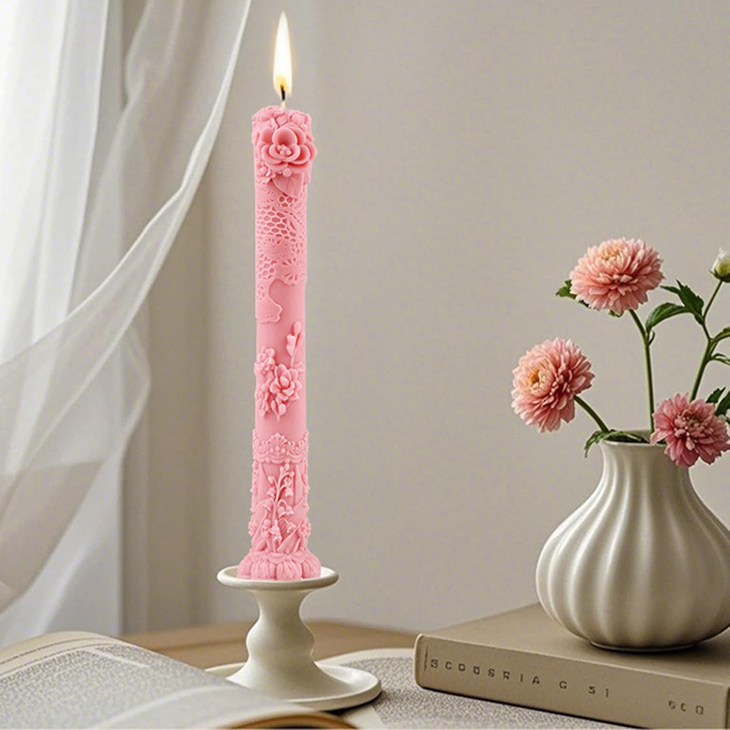 ABCISI Vintage Long Pillar Candle Mold, Intricate Floral Design, Silicone Mold for DIY Candle Making & Handmade Soap, DIY Wax Plaster Clay Craft Silicone Mold for Home Decorations Gift