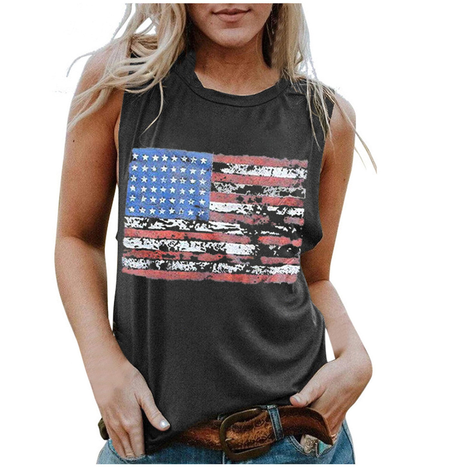 Womens Casual Plus Size Shirt 4th of July American Flag Patriotic Stripes Star Print Cold Shoulder T-Shirt Tank 