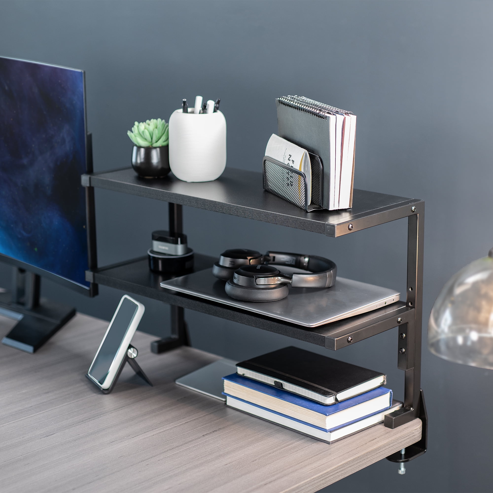 VIVO Black Clamp-on 24" Above or Below Desk 2-Tier Shelving Unit, Desk Organizer