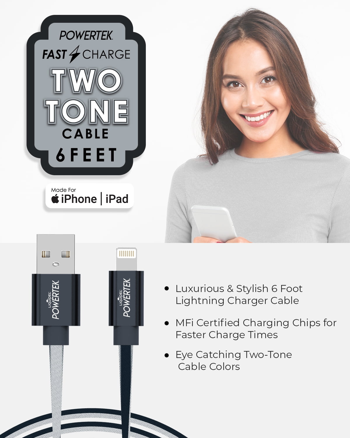 Liquipel Powertek iPad & iPhone Charger Cable, Fast Charging 6ft MFI Certified Lightning to USB Cord, Two Tone