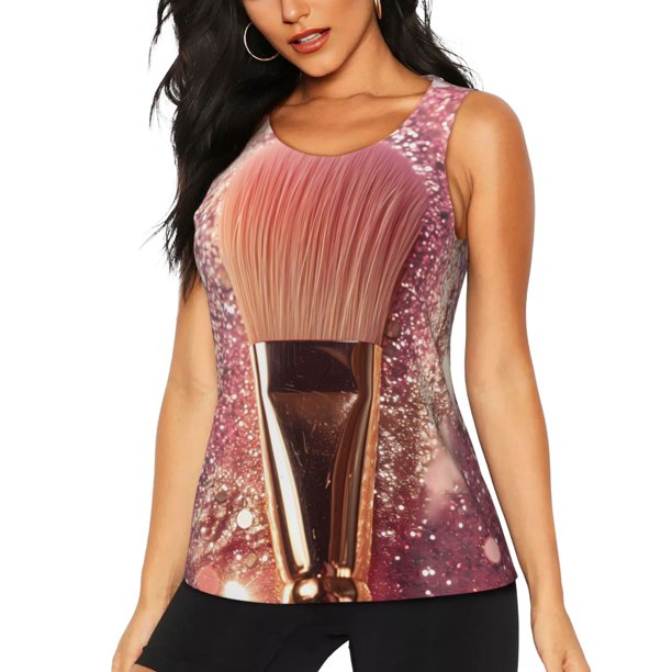 Balery Makeup Brush on Pink Glitter Camiseta sin mangas estampada ligera para mujer, tops de entrenamiento sin mangas, camisetas de yoga transpirables de secado rápido.-X-Large