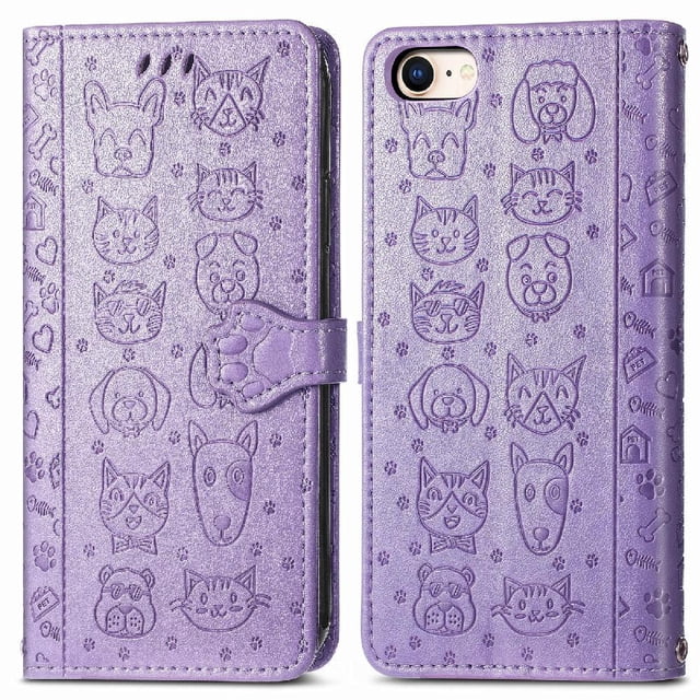 Funda Cartera FOXDOCK para iPhone 8/7 , Flip PU con Relieve de Gatos y Perros, Tarjetero y Soporte