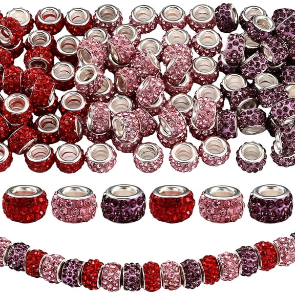 1 Box 120PCS European Rhinestone Beads Large Hole Red Pink Purple Diamond Hair Fairy Wand Clay Glitter Rondelle Spacer Charms Bead for Jewelry Making