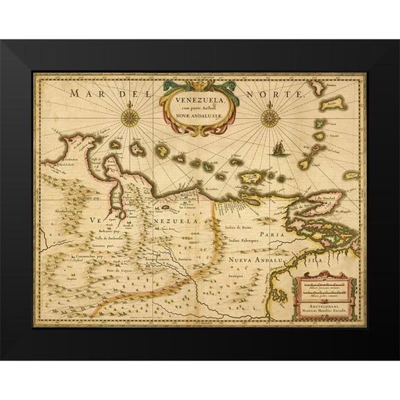 Vintage Maps 14x12 Black Modern Framed Museum Art Print Titled - Venezuela 1630