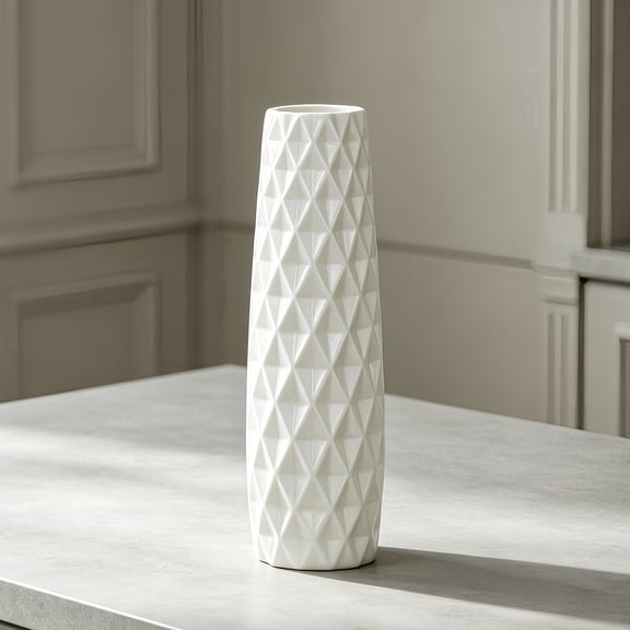12-Inch Tall White Ceramic Textured Floral Vase for Elegant Home Decor