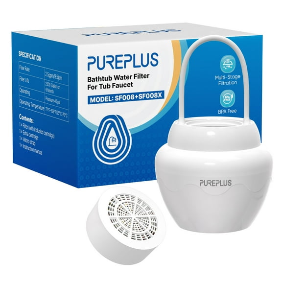 PUREPLUS 8-Stage Bathtub Water Filter | 2500 Gallons Filtration, 1 Extra Replacement Filter Included | BPA-Free, Reduces Chlorine & Heavy Metals, Removes Contaminants | For Softer Skin & Hair