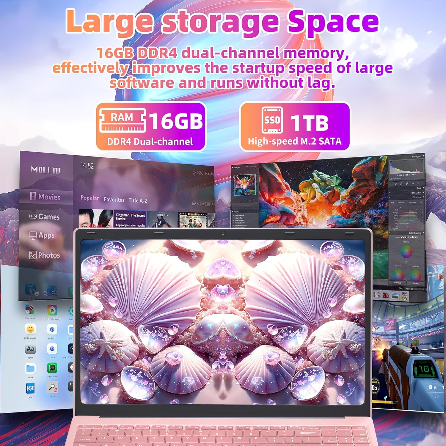 Rumtuk 16" Rose Gold Laptop, DDR4 16GB RAM, 1TB SSD, Win 11 Pro/Office 2019, Celeron N5105 CPU, FHD IPS Display, Backlit KB, Fingerprint, USB 3.0, HDMI, WiFi/BT, PC Notebook for Work, Study