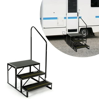 HECASA Universal 3 Steps Stairs Steel for RV Travel Trailer Camper Trailer  W/ Side Load Hand-railing Armrest Hand Rail 