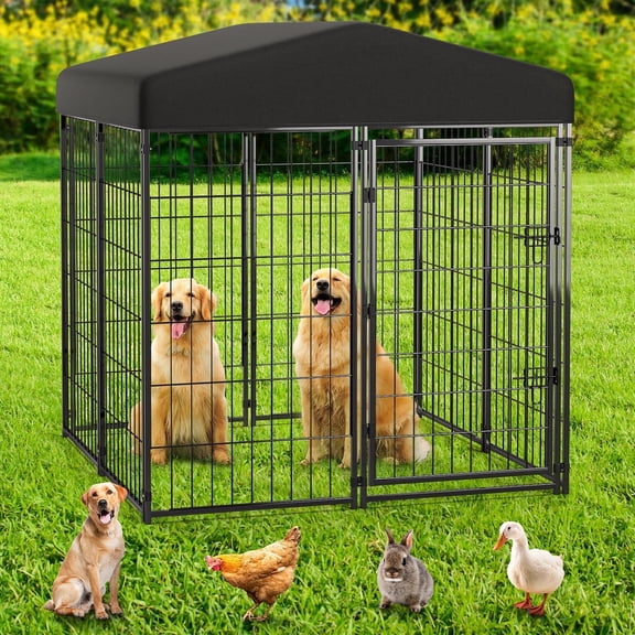 Anyask 4FT(D) x 4FT(W) x 4.5FT(H) Large Outdoor Heavy Duty Metal Dog Kennel Playpen with Sun/Rain Roof Top for Cat Duck Chicken